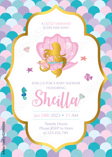 Baby Shower invitation with mermaid and friends