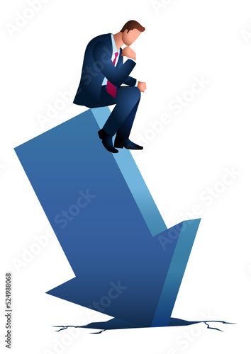 Businessman sitting contemplating on fallen arrow sign
