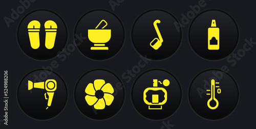Set Hair dryer, Spray can for hairspray, Flower, Aftershave, Sauna ladle, Mortar and pestle, thermometer and Flip flops icon. Vector