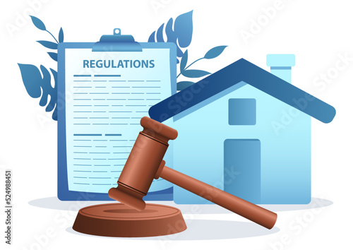 Gavel justice hammer with house icon and regulations document