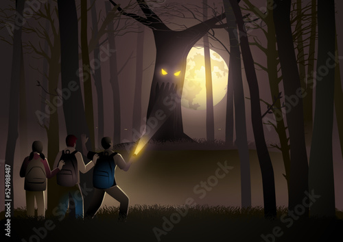 Children adventure in the jungle and find a scary tree monster