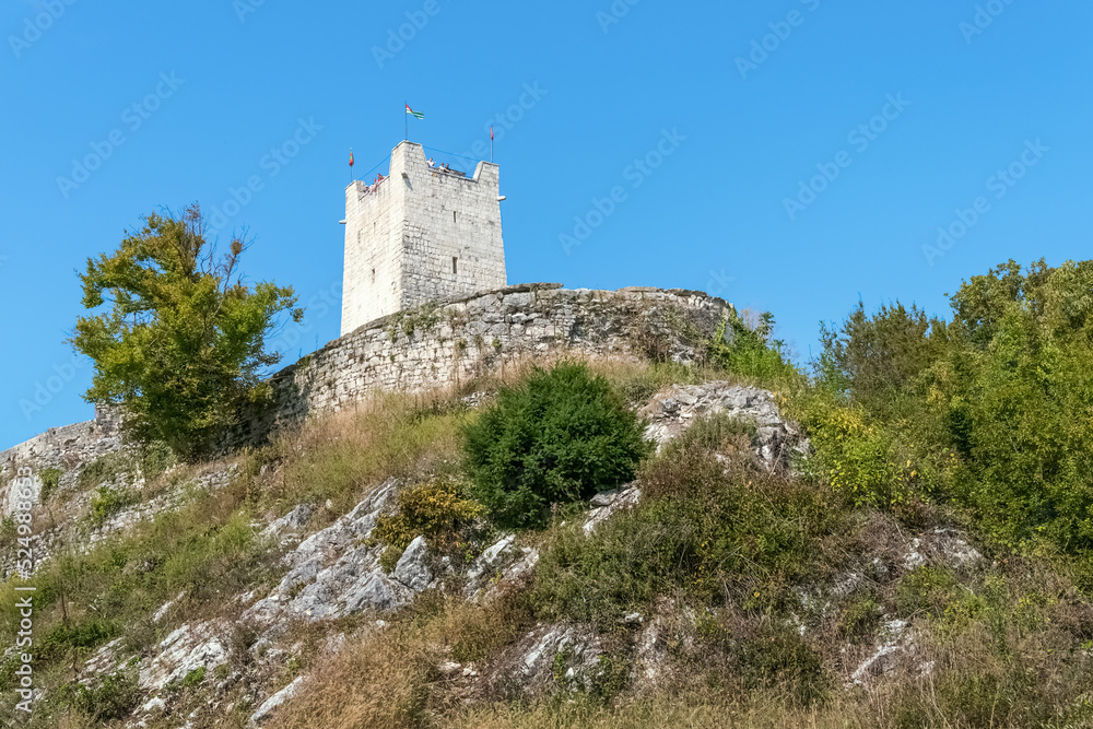 Tower in the high-mountainous fortress of Anakopia in Abkhazia in the summer.