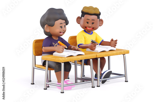 초등학교 수업중인 귀여운 흑인 남녀 학생 3d 캐릭터 렌더링 일러스트