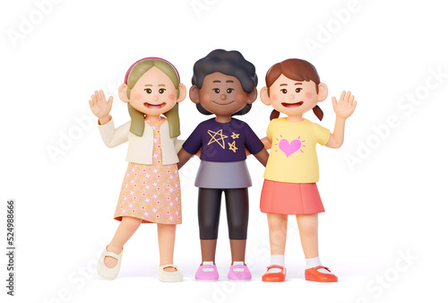 초등학교에 다니는 귀여운 다인종 여자 어린아이들 3d 캐릭터 렌더링 일러스트 photo
