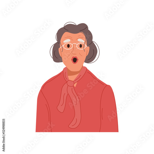 Portrait of surprised elderly woman. Shocked mature lady with open mouth. Gossip, rumors and secrets concept. Grandmother expressing wonder. Color flat vector illustration isolated on white background