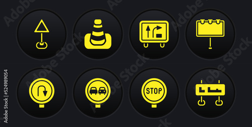 Set Turn back road sign, Billboard with lights, No overtaking traffic, Stop, Road, Traffic cone, and Triangle warning blank icon. Vector