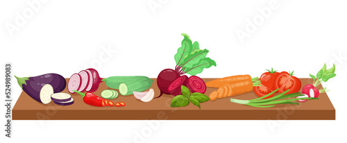A set of chopped vegetables on the table. Cartoon design. 