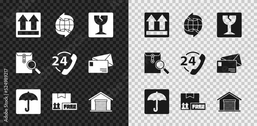 Set This side up, Worldwide, Fragile broken glass, Umbrella, Cardboard box with free symbol, Warehouse, Envelope magnifying and Telephone 24 hours support icon. Vector