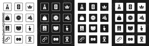 Set King playing card, Casino chips, Wallet, Poker player, slot machine with grape, diamonds, Hand holding casino and dealer icon. Vector