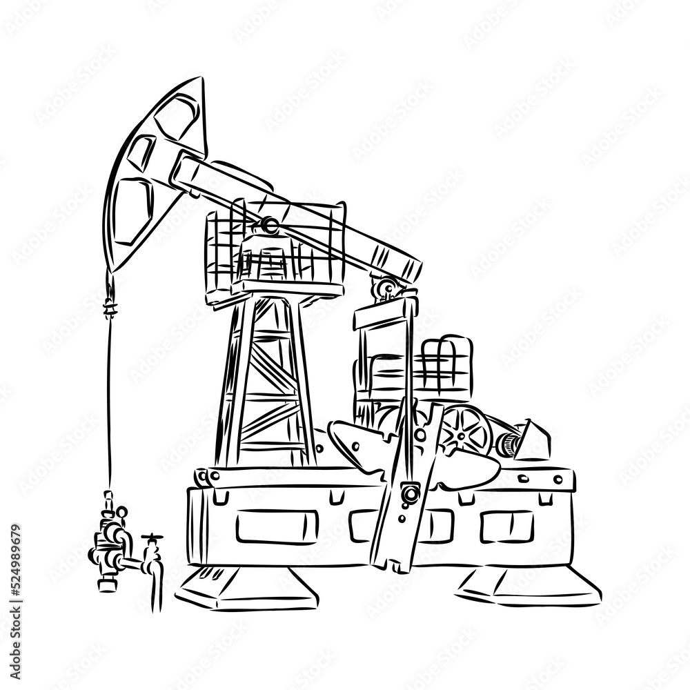 Working oil pump. Hand drawn sketch illustration isolated on white background
