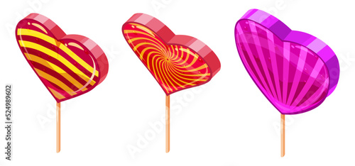 Set of Candy Sugar Heart Lollypops Isometric. Sweet food icon cartoon style