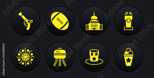Set Firework, Stage stand tribune, Barbecue grill, Patriotic American top hat, White House, Football ball, Ice cream in waffle cone and Vintage pistols icon. Vector