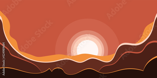 Abstract retro landscape with mountains and sunset. Summer wavy bakground in vintage colors. Modern flat vector illustration for wall decor, poster, cover design
