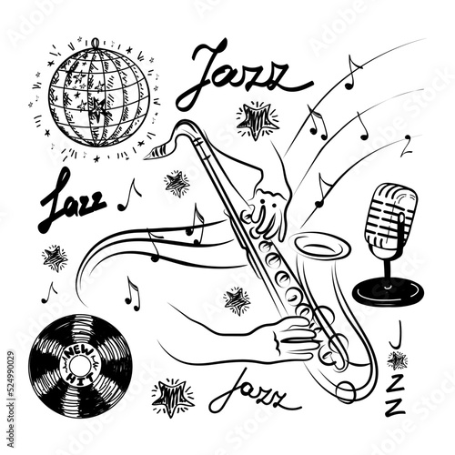 A set of musical elements for a jazz image. Inspirational saxophone playing, hand-drawn doodle. Flying notes. Music. Microphone, disk ball and vinyl record. Inspiration. Isolated vector illustration.