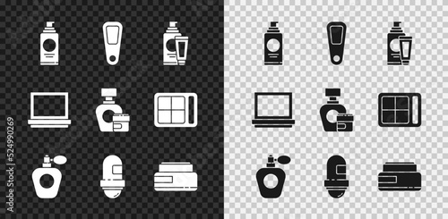 Set Spray can for hairspray, Hand mirror, Cream lotion cosmetic tube, Perfume, Antiperspirant deodorant roll, Makeup powder with and icon. Vector