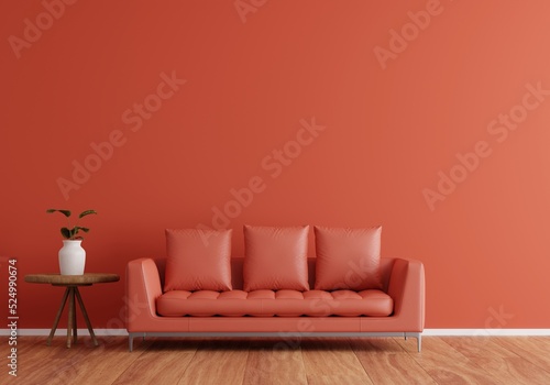Contemporary living room interior design with a orange sofa with red Background