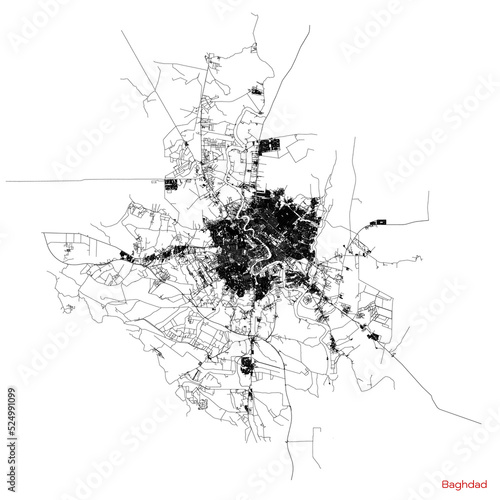 Baghdad city map with roads and streets, Iraq. Vector outline illustration.