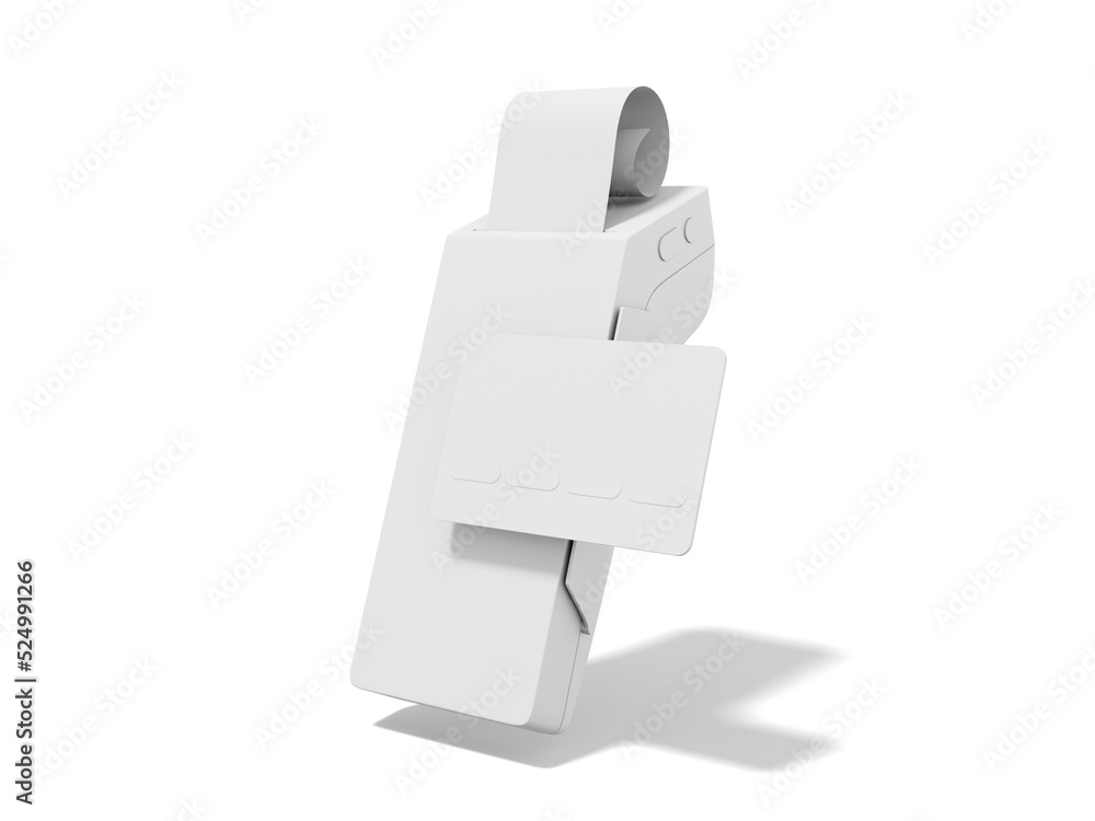 White POS terminal with credit card and check. Modern machine for cashless payment. Device for NFC pay. 3D rendering on the white background. White POS terminal with credit card and check. Modern machine for cashless payment. Device for NFC pay. 3D rendering on the white background.