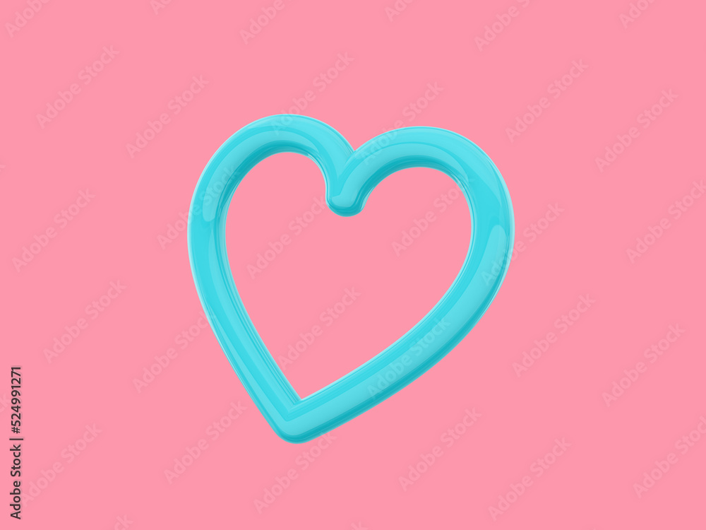Toy heart. Symbol of love. Blue single color. On a pink monochrome background. Bottom view. 3d rendering.