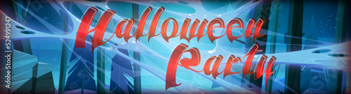 Halloween party cartoon banner with night creepy wood, spider webs and mysterious glow, red bloody typography on horizontal background with scary forest, spruce trees in darkness, Vector illustration