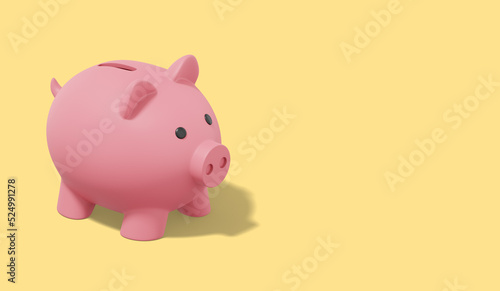 Pink piggy bank on yellow background. Accumulation of savings icon. Banner, space for text. 3D rendering.