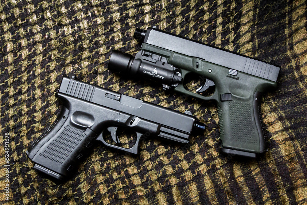 Chonburi, THAILAND Augest 22 2022 Glock 19 gen4 and gen5 model, Glock polymer pistol and