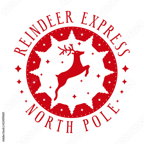Reindeer express. Xmas stamp design with reindeer. Christmas decorative element for handmade gifts such as letters, gift bags. Vector illustration on white background.