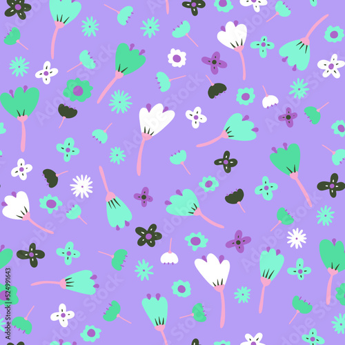 Seamless cartoon abstract flowers pattern. Color floret on violet background. Hand-drawn plant, petals. Stylized peonies, roses, tulips ,chamomile. Summer romantic floral ornament. Vector illustration