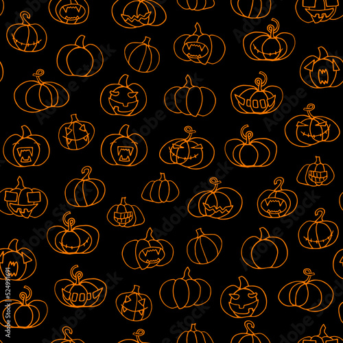 Seamless Halloween scary pumpkins pattern. Orange Funny, creepy, smiling face on black backgrounds. Doodle Autumn characters. Happy Halloween symbol. Spooky vector trick or treat party illustration