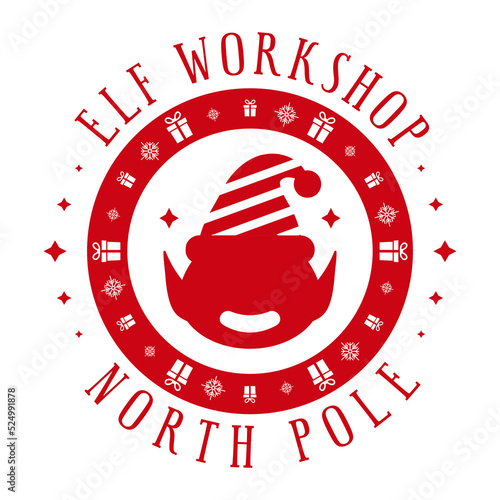 Elf workshop. Xmas stamp design with cute elf. Christmas decorative element for handmade gifts such as letters, gift bags. Vector illustration on white background.
