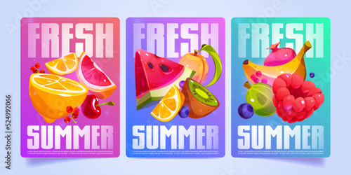Fresh summer posters with fruit slices and berries. Vector promotion banners, advertising flyers with cartoon illustration of banana, watermelon, orange, apricot, kiwi and blueberry