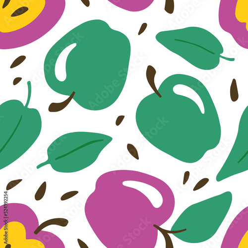 Cute apple seamless pattern. Whole fruits, slices and leaves. Flat vector hand drawn illustration in cartoon style