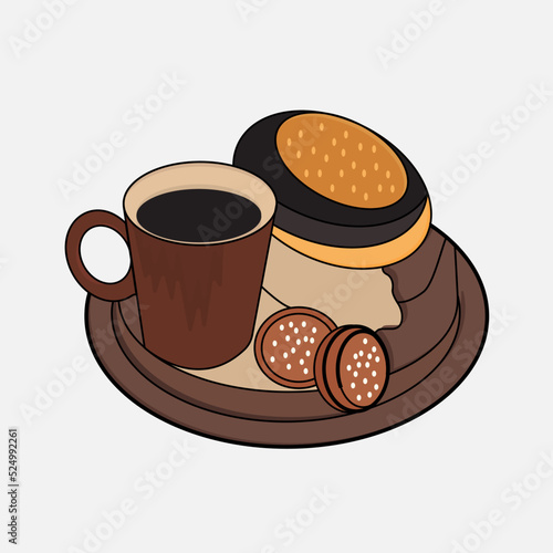 Food breakfast eat menu restaurant. Biscuits and coffee cup colorful illustration 