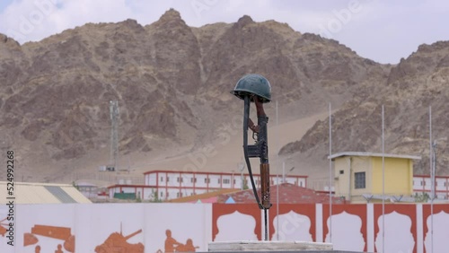 Fallen Soldier Battle Cross At The War Memorial Monument In Leh, Ladakh, India. wide photo