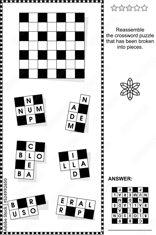 Broken, or jigsaw, crossword puzzle word game (English language). Answer included.
 - obrazy, fototapety, plakaty 