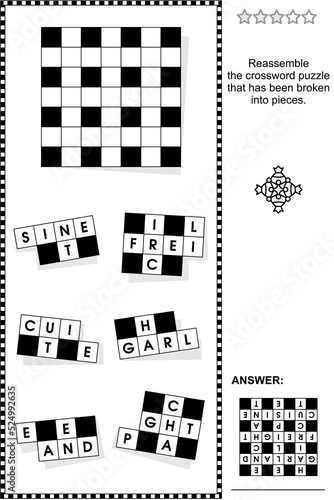 Broken, or jigsaw, crossword puzzle word game (English language). Answer included.
