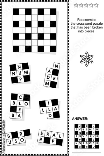 Broken, or jigsaw, crossword puzzle word game (English language). Answer included.

