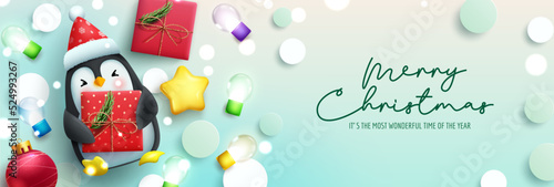 Christmas season vector background design. Merry christmas text with penguin character, gifts and light elements for xmas winter holiday greeting. Vector illustration.
