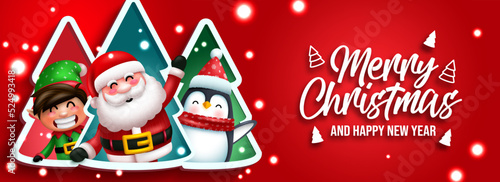 Christmas character greeting vector design. Merry christmas text with santa claus, penguin and elf characters in xmas tree element for holiday season celebration. Vector illustration.
