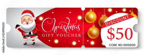 Christmas gift voucher vector design. Christmas gift voucher text with 50$ discount coupon in santa claus character sack element for xmas holiday shopping promo. Vector illustration.
