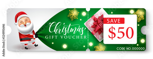 Christmas gift voucher design. Christmas gift voucher text with save 50$ promo certificate in santa claus sack element for xmas holiday season discount coupon. Vector illustration.
