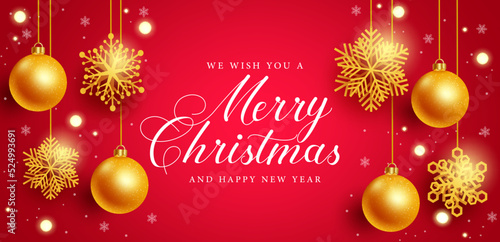 Merry christmas vector background design. Merry christmas greeting text with gold snowflakes and balls hanging element for xmas holiday decoration design. Vector illustration.
