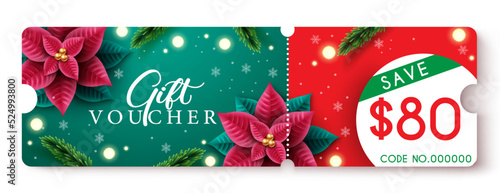 Christmas gift voucher vector design. Christmas gift voucher coupon with save $80 text and poinsettia elements for holiday season promo discount. Vector illustration.
