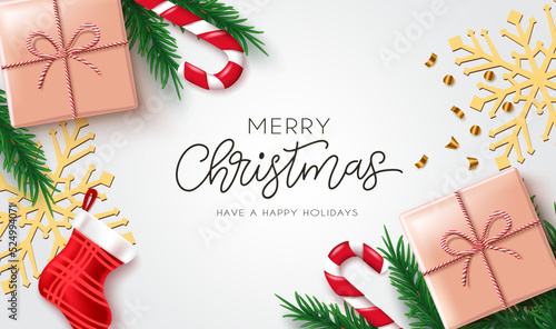 Christmas greeting vector background design. Merry christmas text with xmas gift, candy cane, stocking and snowflakes elements for holiday season messages. Vector illustration.
