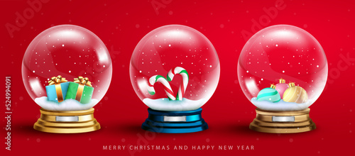Christmas crystal ball vector set. 3d realistic snow balls with gifts and candy cane in red background for xmas decoration collection design. Vector illustration.
