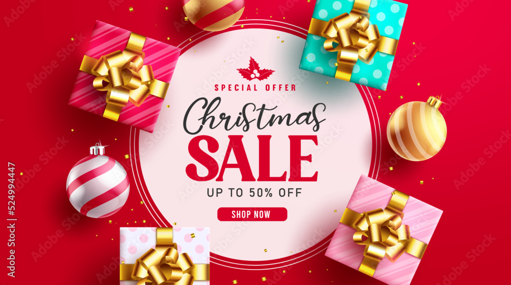 Christmas sale vector banner design. Christmas sale text in circle template with shopping price discount for seasonal holiday promo advertisement. Vector illustration.
Christmas sale vector banner design. Christmas sale text in circle template with shopping price discount for seasonal holiday promo advertisement. Vector illustration.