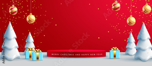 Christmas studio landscape vector design. Christmas elements of podium, fir tree, balls and gift in photography background for winter landscape decoration. Vector illustration.
