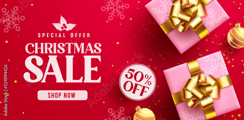 Christmas sale vector banner design. Christmas sale special offer text in price discount promo with seasonal gifts elements for holiday shopping ads. Vector illustration.
