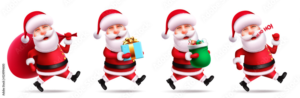 Santa christmas character vector set. Santa claus 3d characters with running, laughing and holding gifts pose and gestures for xmas friendly collection design. Vector illustration.
Santa christmas character vector set. Santa claus 3d characters with running, laughing and holding gifts pose and gestures for xmas friendly collection design. Vector illustration.