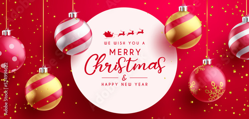 Christmas greeting vector template design. Merry christmas text in circle space with elegant red background and hanging xmas balls pattern for holiday season. Vector illustration.
